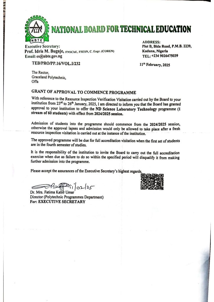 NBTE APPROVAL TO COMMENCE PROGRAM 1